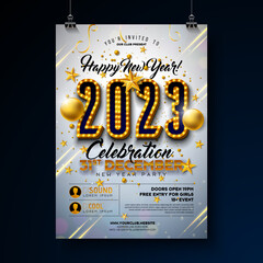 2023 New Year Party Celebration Poster Template Illustration with Lights Bulb Number and Gold Christmas Ball on White Background. Vector Holiday Premium Invitation Flyer or Promo Banner.