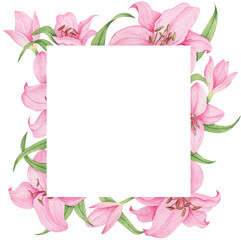 Pink lily flower wreath hand drawn watercolor clipart