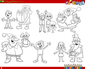cartoon Santa Clauses giving Christmas gifts to kids coloring page