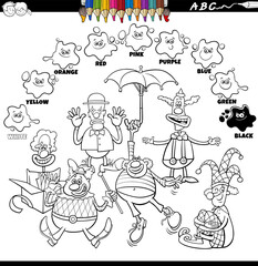 basic colors color book with cartoon clowns coloring page