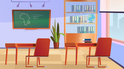 Geometry class interior concept. Room with school furniture - chalkboard, tables and chairs for students, bookshelf, houseplant, large window. Illustration background in flat cartoon design