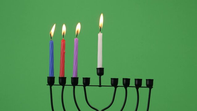 Hanukkah menorah third night candle 4k 10bit greenscreen 3 closeup