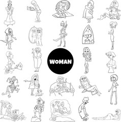 Fototapeta na wymiar black and white cartoon women and girls characters big set