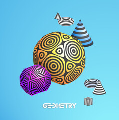 Banner for decorative design with abstract composition of 3d figures with stripped pattern. Purple silk on sphere on abstract blue color background. 