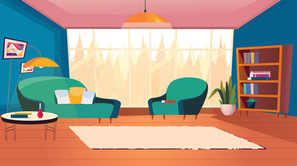 Cozy evening in living room interior concept. Apartment with furniture - sofa and armchair, coffee table, bookcase, huge window with forest view. Illustration background in flat cartoon design © DesignSells