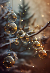 Beautiful transparent golden Christmas balls on golden bokeh background, AI generated image