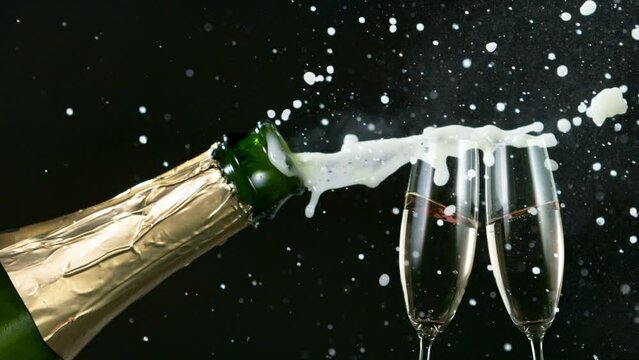 Super slow motion of Champagne explosion with flying cork closure, black background, opening champagne bottle closeup.
