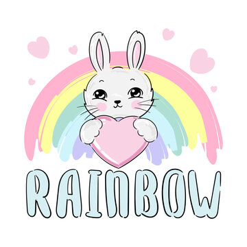 Cute bunny rabbit and inscription Rainbow. Baby animal concept illustration for nursery, t-shirt print for children.