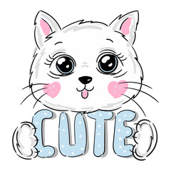Cat kitten white face head with lettering inscription Cute 
