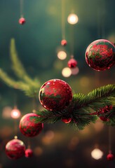 Red shiny Christmas balls with patterns on green spruce branches in the beautiful bokeh background, AI generated image