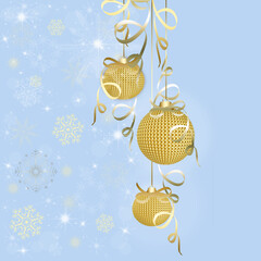 Elegant glittering Christmas background with yellow baubles and place for text. Greeting card, party invitation.