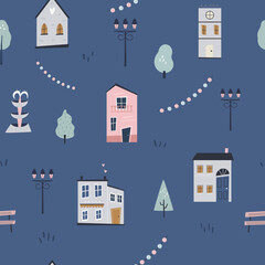 Seamless pattern with cute and colorful buildings, houses