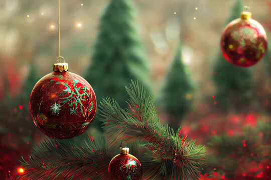 Glittering red Christmas balls on a glowing background with Christmas trees, AI generated image