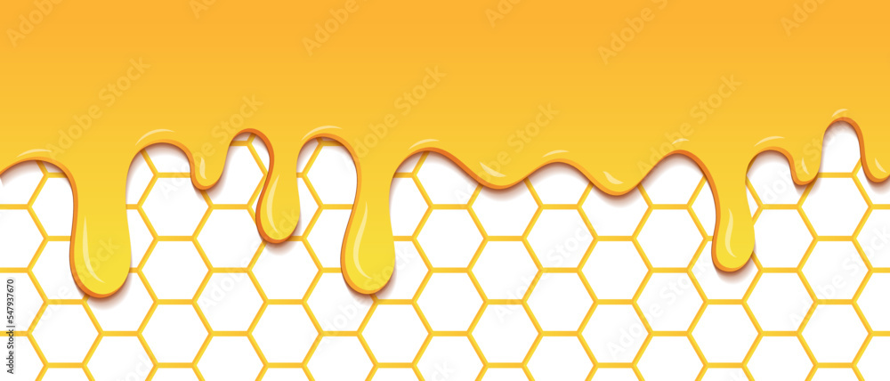 Poster yellow pattern with honeycomb and honey drips. dripping honey seamless pattern. gold honey hexagonal