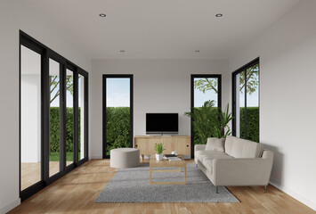 Living room with sofa and carpet on wooden floor. 3d rendering of residential building interior.