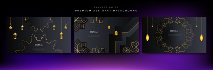 Ramadan Kareem background or invitations design paper cut islamic lanterns, stars and moon on gold and violet background. Vector illustration. Place for text.