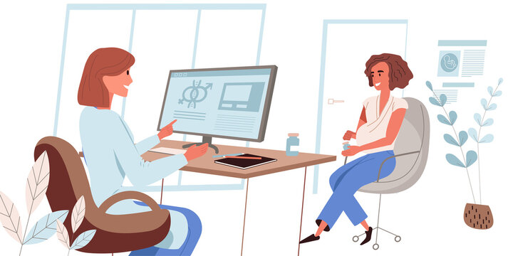 Medical clinic people concept in modern flat design. Pregnant woman visits doctor, therapist consults her and prescribes treatment. Medical services person scene. Illustration for web banner
