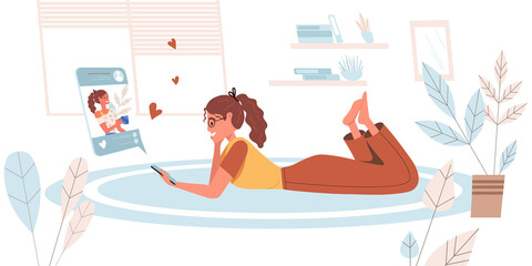 Obraz premium Browse social network people concept in modern flat design. Woman looks and likes at photos, uses smartphone lying at floor. Online communication person scene. Illustration for web banner