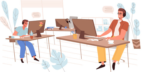 Call center people concept in modern flat design. Technical support operators in headsets answer calls or chatting, working on computers in office, person scene. Illustration for web banner