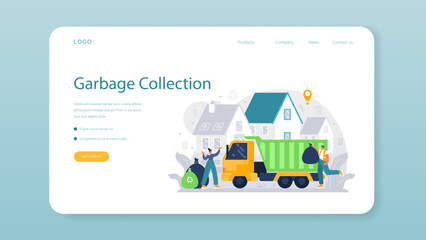 Grabage collector web banner or landing page. Cleaning worker emtying bin