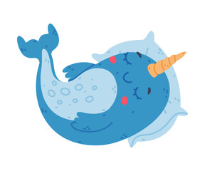Funny cute baby narwhal sleeping on pillow. Sea mammal animal cartoon character vector illustration