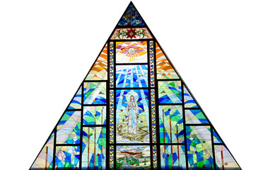 BANGKOK, THAILAND - November 21, 2022 : Colorful stained glass windows in Chapel of Annunciation, Thailand. Concept art painting on stained glass.