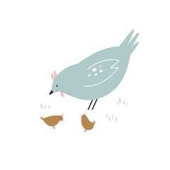 Sweet hand drawn illustration with funny hen and chickens