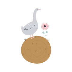 Sweet hand drawn illustration with funny goose on a hay.
