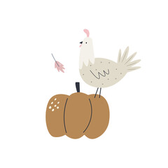 Sweet hand drawn illustration with funny turkey, pumpkin and leaf
