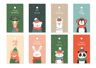 New Year's Eve template set for tags, postcards with cute sleeping animals. Children's illustration of animals. Vector