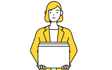 段ボールを持つスーツ姿の女性のシンプルな線画イラスト