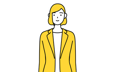 手を体の正面で組むスーツ姿の女性のシンプルな線画イラスト