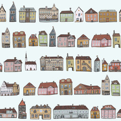 European houses architecture vector seamless pattern.