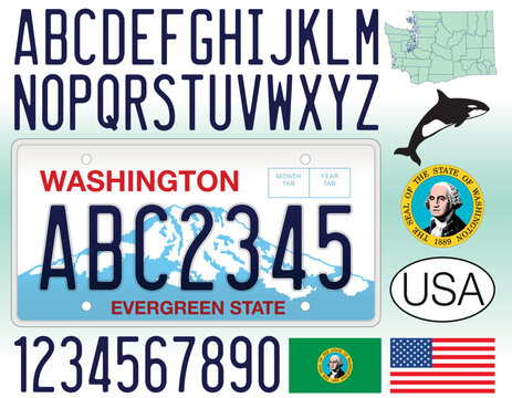 Washington US State car license plate, letters, numbers and symbols, United States, vector illustration