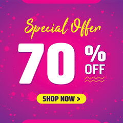 70 percent off. Design Template for Special Offer Marketing 70% Promotional Discount. Conceptual Pink, Blue and Purple Banner Design