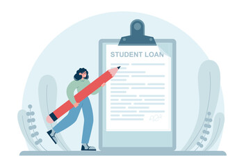 Education loan. Student characters paying debt for education.