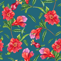 Red pomegranate flowers seamless watercolor pattern. Hand drawn botanical branches of a flowering tree. Endless background for fabric and wallpaper.