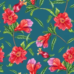 Foto op Aluminium Red pomegranate flowers seamless watercolor pattern. Hand drawn botanical branches of a flowering tree. Endless background for fabric and wallpaper. © Olga Shulgina