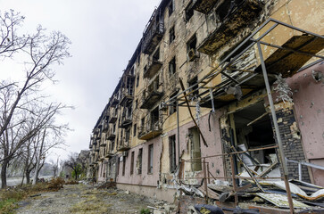 destroyed and burned houses in the city Russia Ukraine war