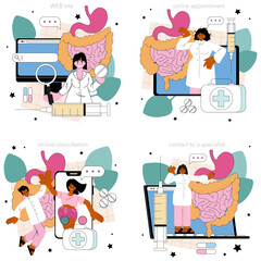 Gastroenterologist online service or platform set. Colon and stomach