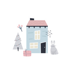 Cute holiday composition with colorful house, Christmas tree, rabbit and gift box