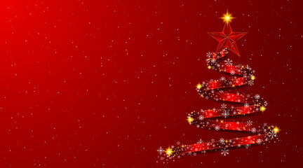 Christmas tree designed with red ribbon with ornate stars and snowflakes. Christmas or Happy New Year concept. vector illustration
