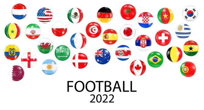 Sports banner design.Soccer balls with flags of the participating countries.The concept of football 2022.