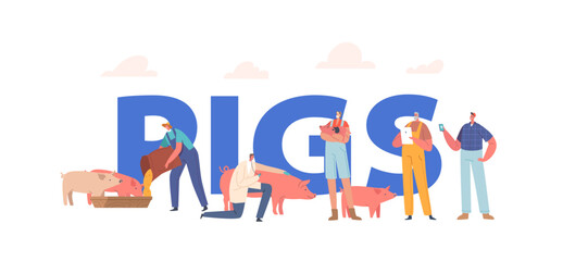 Pig Farm Concept. Male and Female Characters Care of Piglets on Ranch, Men and Women Feeding, Healing Porks