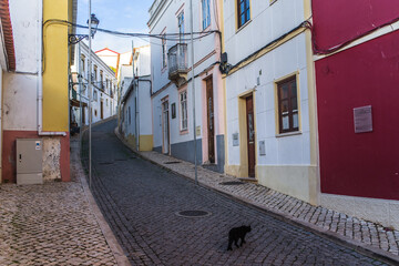 white houses, cobbled streets, historic center with the castle in Silves in the background
