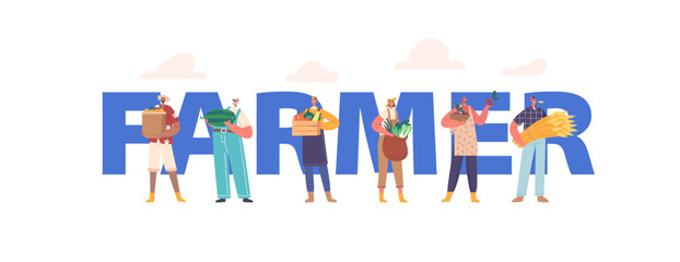Farmer Concept, Male and Female Characters Farm Workers with Fresh Harvest. Farming, Agriculture, Harvesting Season