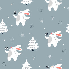 Seamless pattern with rabbits in the forest. Winter time.