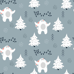 Seamless vector pattern with rabbits in the forest. Winter time.