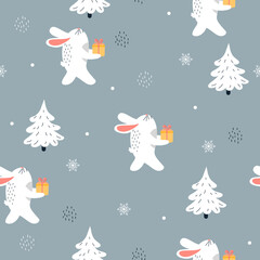 Seamless vector pattern with rabbits in the forest holding gift box. Winter time.