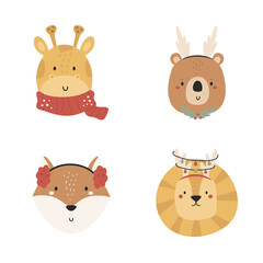 Vector illustration with cute animal faces in christmas decorations